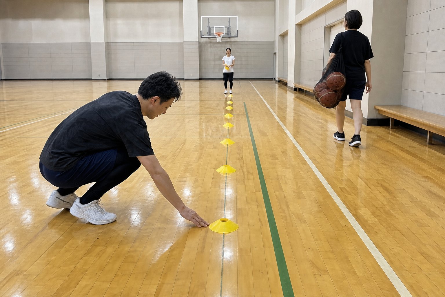練習用のマーカーとボールを準備するメンバー