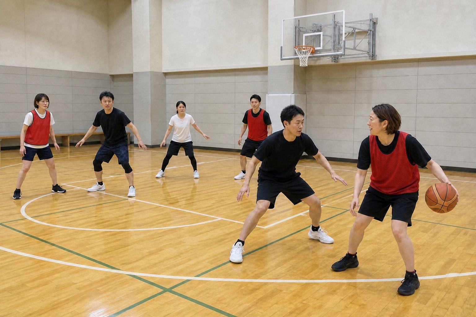 赤いビブスを着けて3対3を行うメンバー