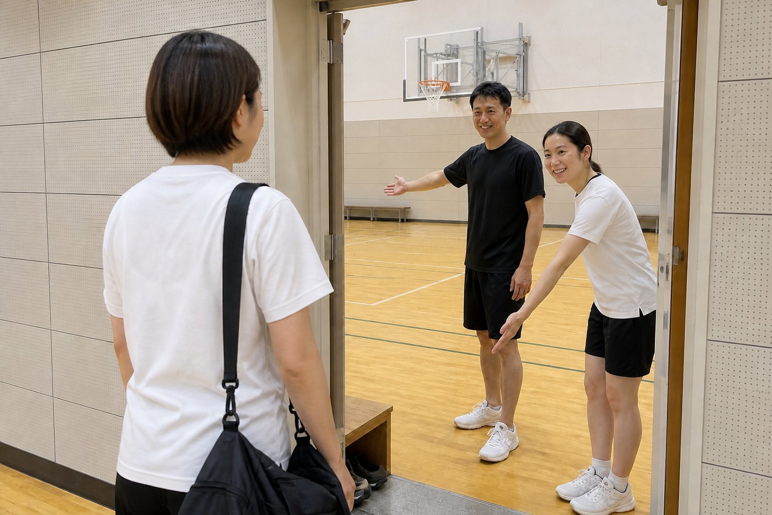 見学者を迎えるメンバー